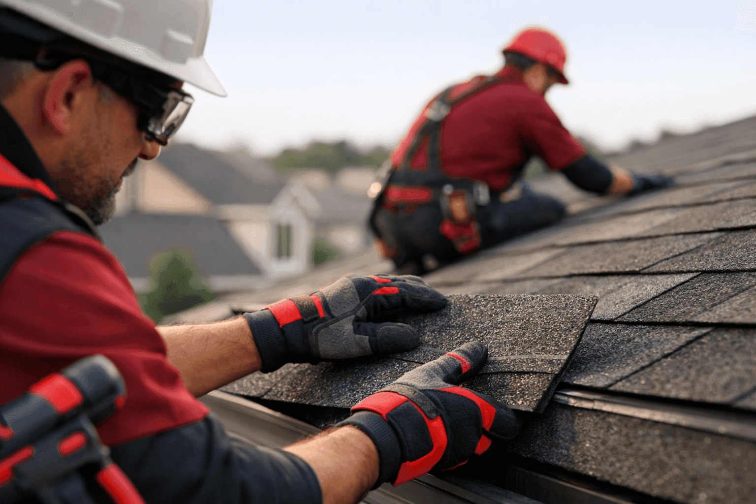 Professional roofer in safety gear handling red-accented shingles on residential roof
