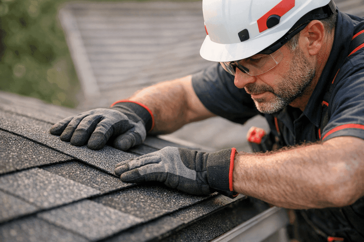 Close-up of roofer’s gloved hands aligning asphalt shingles on residential roof